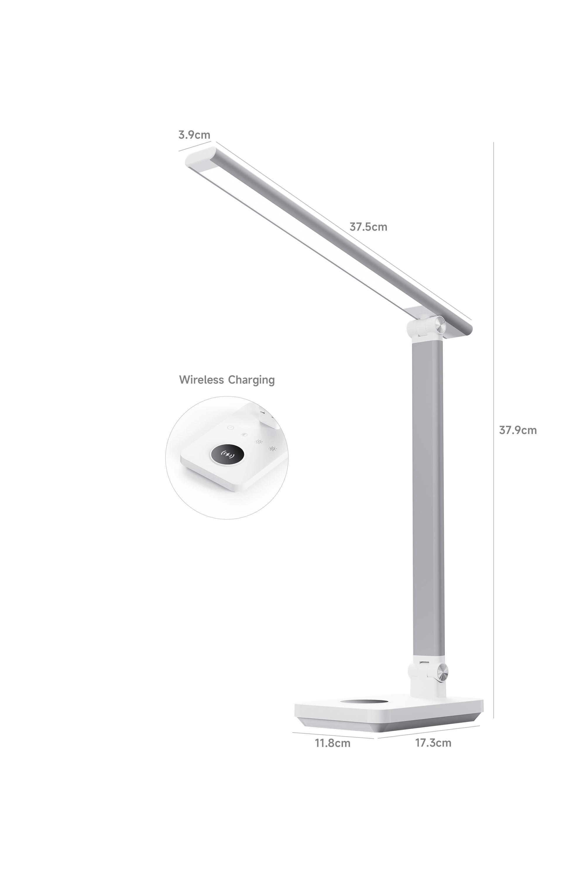 Foldable Aluminum Full-Spectrum LED Desk Lamp with 5W Wireless Charger | RA90/RG0 Certified, 5-Level Brightness & Touch Control | Eye-Care Office/Study Light