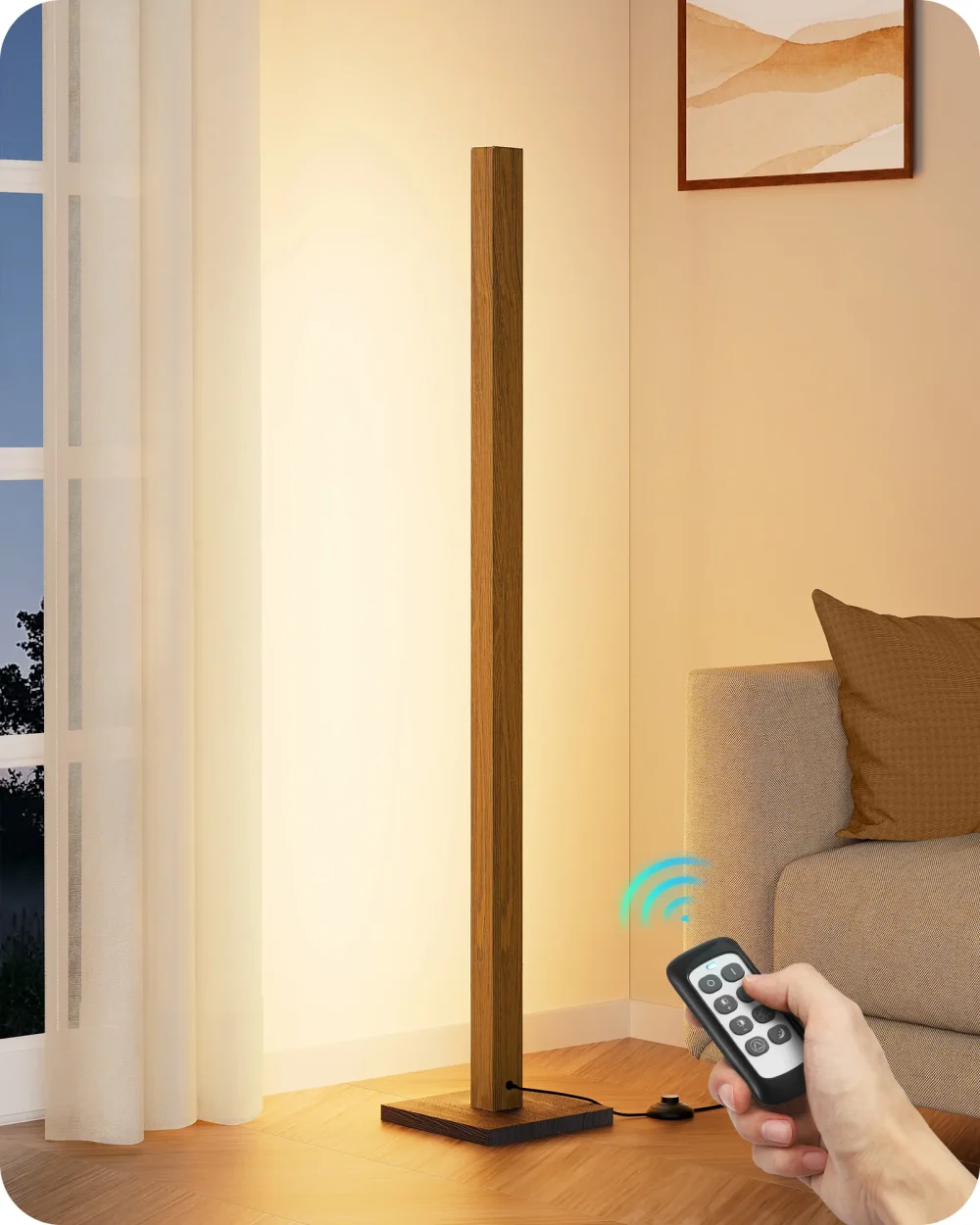46" Dimmable Wood Corner Floor Lamp with RF-433 Remote – 7 Color Temperatures, Modern Minimalist Design for Living Room, Bedroom, Office (Wooden Base, Safe & Energy-Efficient)