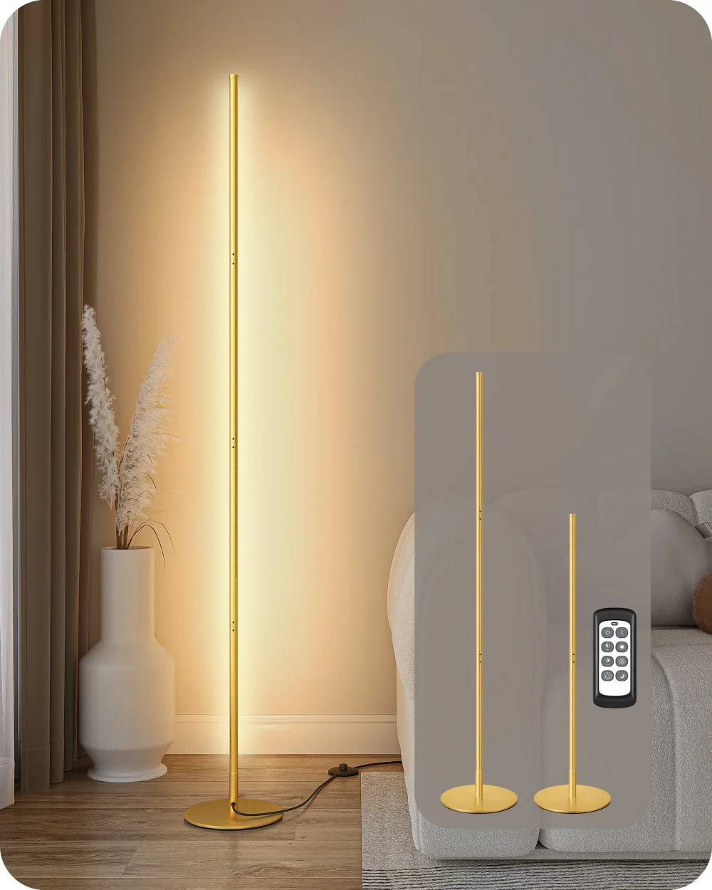 57.5" Dimmable LED Corner Floor Lamp with RF-433 Remote – 7 Color Temperatures, Minimalist Design for Living Room, Bedroom, Office (10%-100% Brightness, Safe & Easy Assembly)