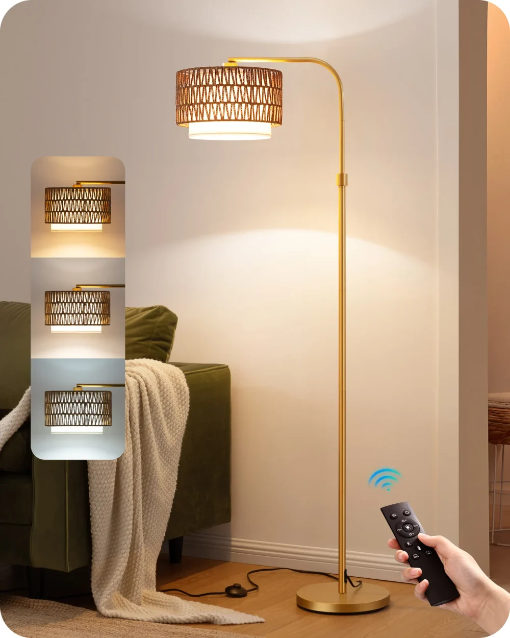63" Arched Rattan Floor Lamp with Remote & Foot Switch – 5 Color Temperatures, Dual-Layer Shade for Living Room, Bedroom, Bohemian Home (Easy Assembly, 340° Adjustable Head) - Image 2
