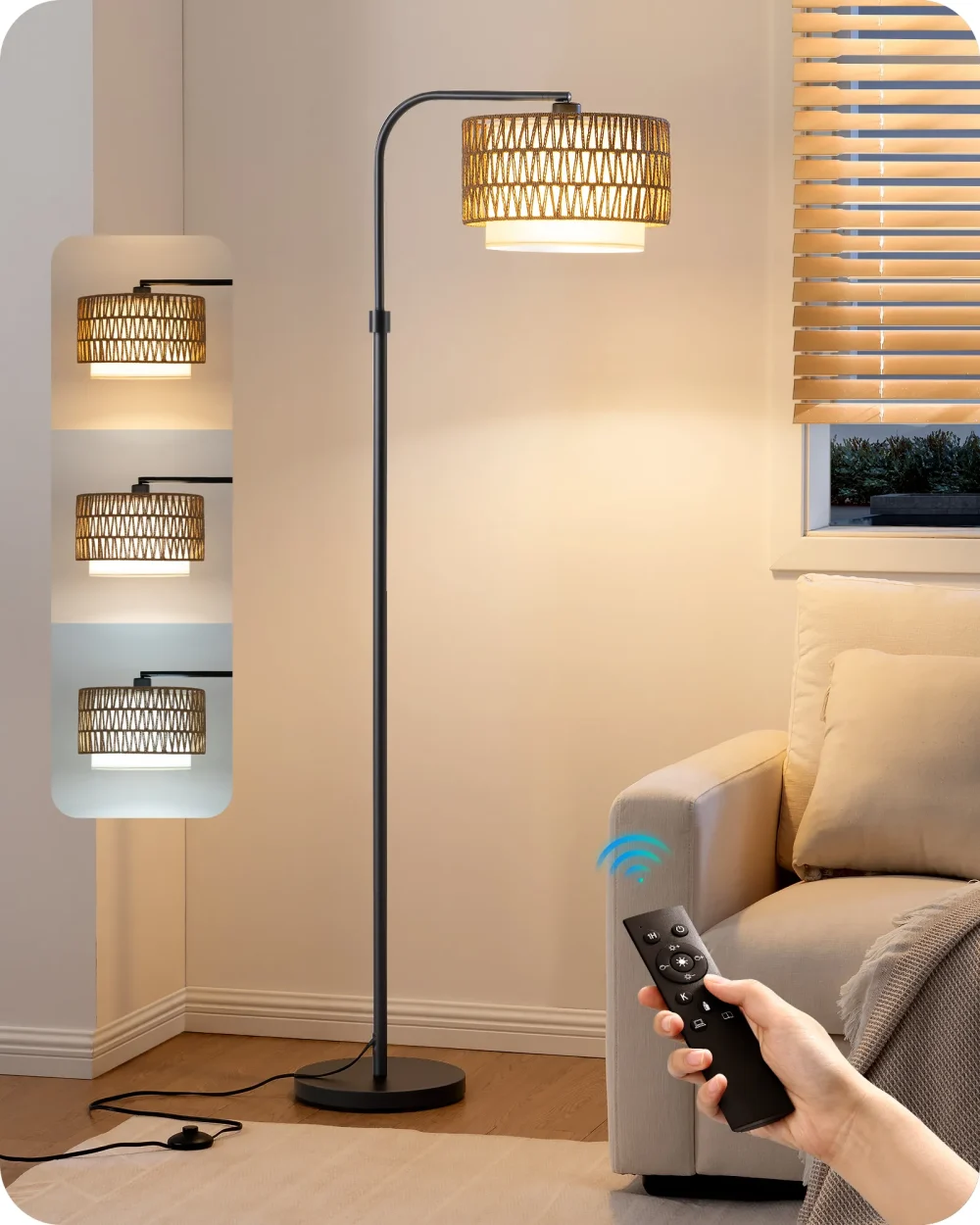 63" Arched Rattan Floor Lamp with Remote & Foot Switch – 5 Color Temperatures, Dual-Layer Shade for Living Room, Bedroom, Bohemian Home (Easy Assembly, 340° Adjustable Head) - Image 3