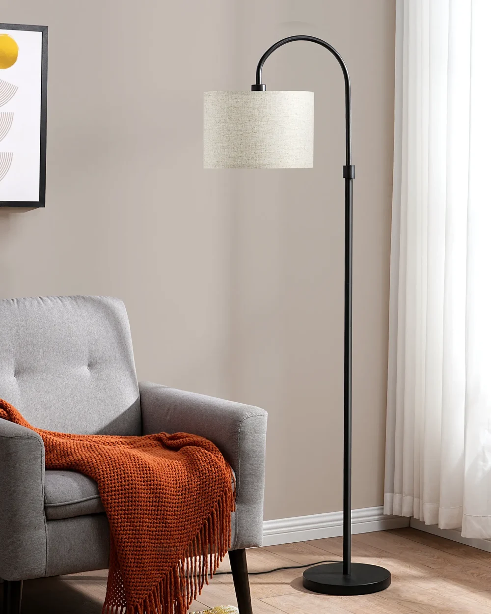 61.8" Arched Floor Lamp with Linen Shade & Metal Base – Modern Ambient Lighting for Living Room, Bedroom, Study (Foot Switch, 3000K-6500K, Dry Location Safe) - Image 2