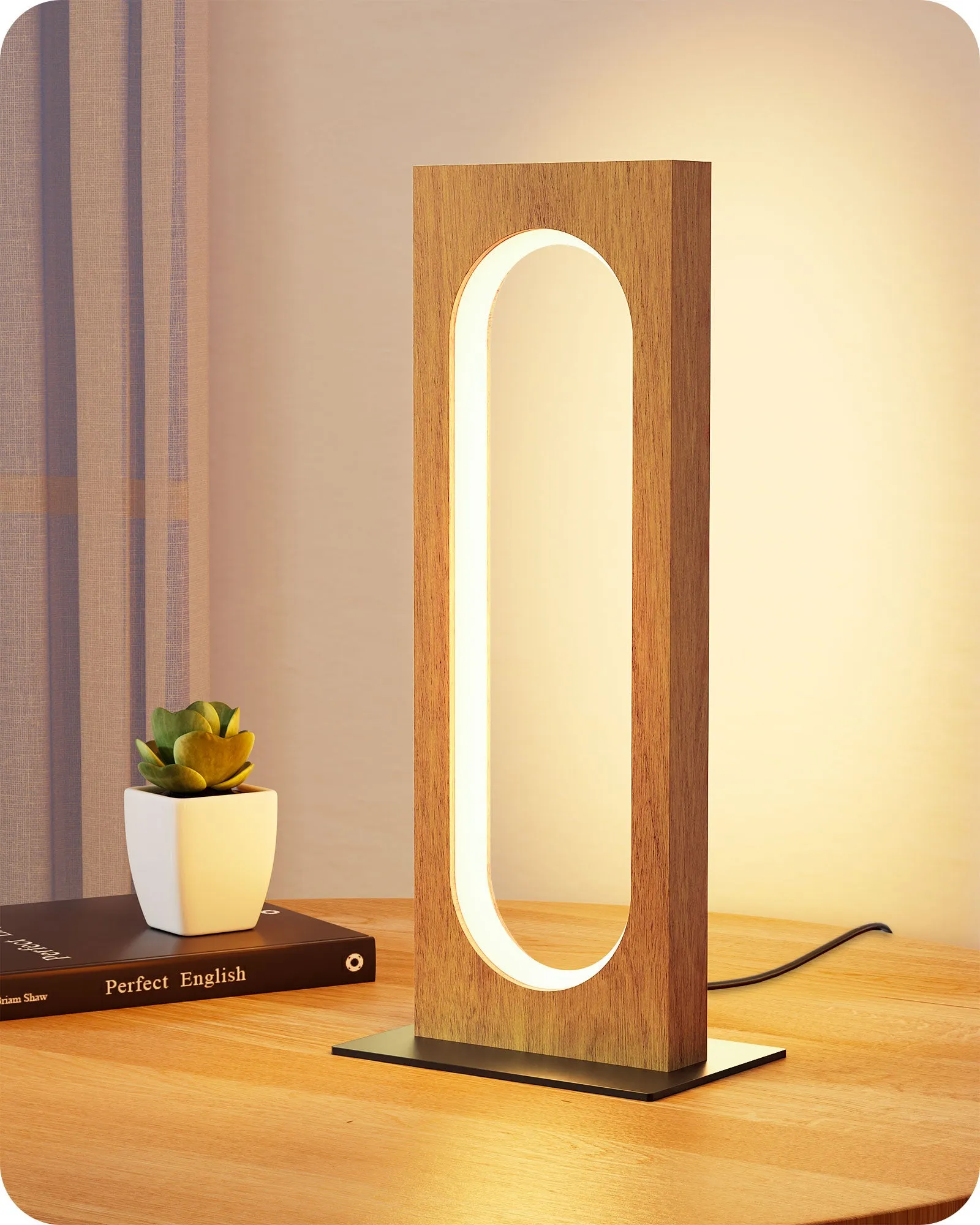 LED Wood Table Lamp, 3-Color Temperature Bedside Lamp,Bedroom Bedside Night