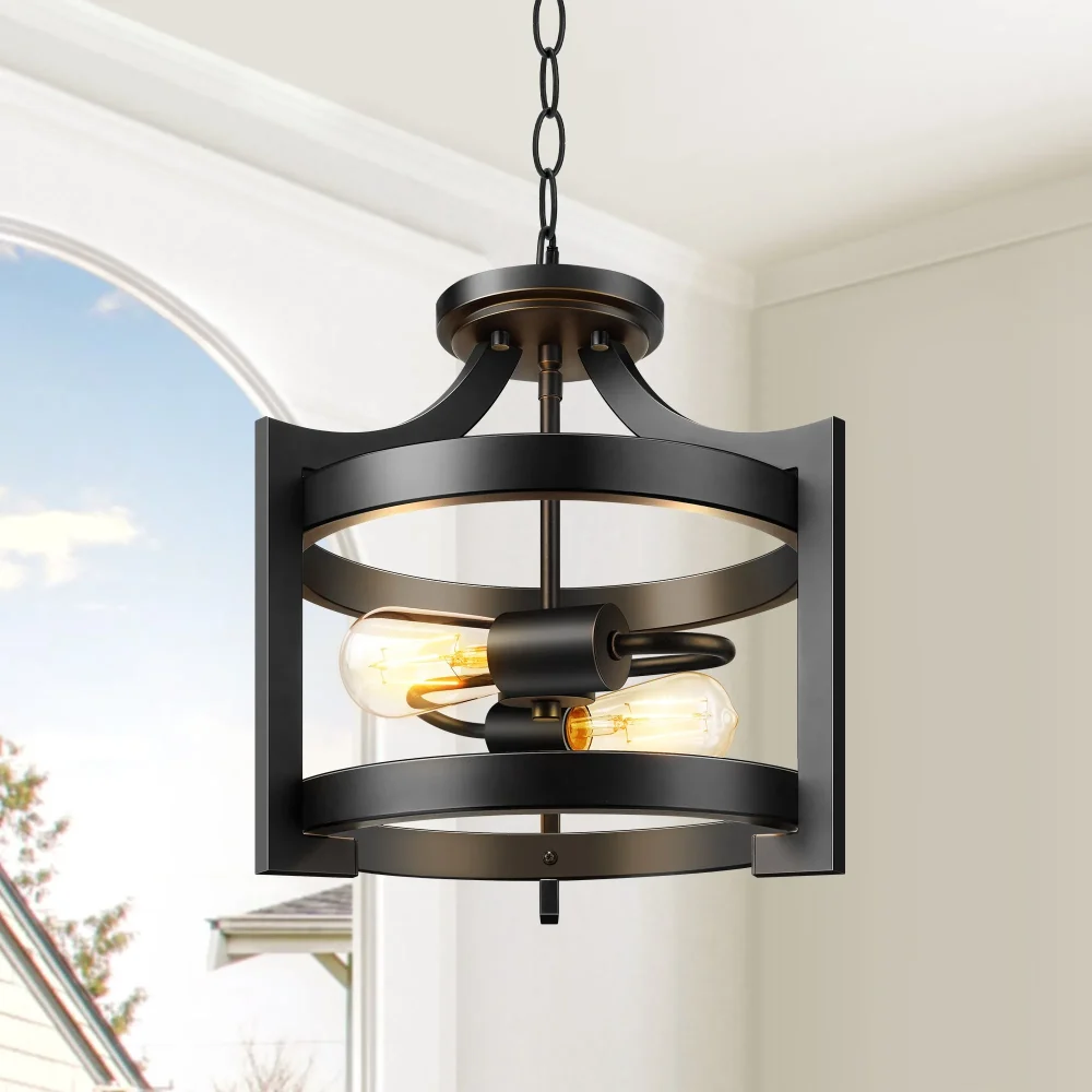2-Pack 13.5" Industrial Farmhouse Flush Mount Ceiling Light – Convertible Pendant/Ceiling Fixture, Adjustable Chain & Dimmable for Living Room, Entryway (Sloped Ceiling Compatible, Distressed Metal) - Image 2